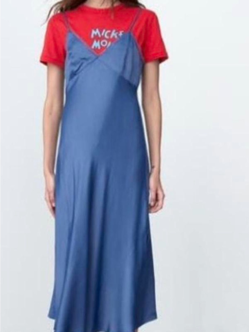 Zara Navy Blue Satin Lace-Trim Camisole Dress